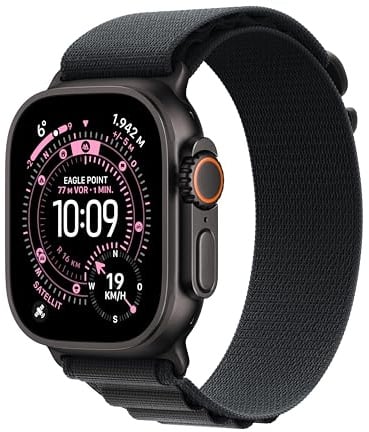 Apple Watch Ultra 3 [GPS + Cellular 49 mm] Montre connectée Course à Pied et Multisport avec boîtier Titane Noir et Boucle Alpine Noir. Communications Satellite, Suivi santé et activité