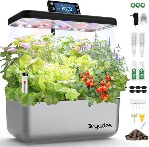 DRYADES Hydroponisches Anzuchtsystem Kit 12 Kapseln, Smart Herb Garden mit 24W Vollspektrum-LED-Wachstumslicht, Indoor-Garten-Pflanzgefäß für Zuhause/Büro/Schule (Silber)