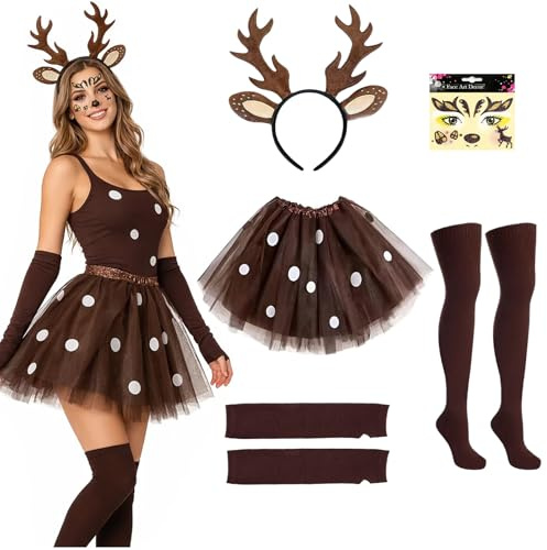 Reh Kostüm Damen, Rentier Kostüm, Faschingskostüme Damen, Reh Geweih Haarreifen mit Rentier Ohren, Tutu Rock, Fingerlose Handschuhe, Socken, Rehface Tattoo, für Karneval Fasching Mottoparty Cosplay