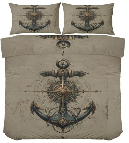 Nautisch Kompass Anker-Motiv Bettwäsche, Retro Nautischer Bettwäsche-Set 135x200, Mikrofaser Wende Bettbezug 2 Teilig mit Reißverschluss, Pflegeleicht Trösterbezug mit 1 Kissenbezug 80x80 Mu745