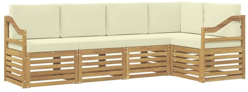 vidaXL Ecksofa Set mit Kissen 5 pcs Weiß und Creme Massivholz Akazie, Garten, modernes Ecksofa, Möbel für draußen, Loungesessel, Bequeme Terrassensitzgruppe