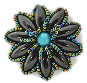 Broche Fleur Marguerite Turquoise et Noir Petite en Porcelaine et Perles de Verre - Bijou Fantaisie