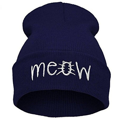 Beurio Slouchy Beanie Winter Knit Skull Mütze für Damen Herren mit Meow - Blau - Einheitsgröße