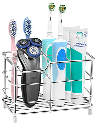 Yoassi Soporte para Cepillo de Dientes Portacepillos de 6 Ranuras Organizador Multifuncional de Acero Inoxidable para Baño Soporte para Cepillo Eléctrico Pasta de Dientes Maquinilla de Afeitar