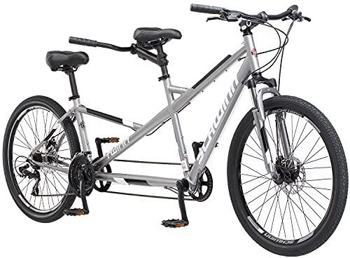 Schwinn Twinn Classic Tandem Adult Beach Cruiser Bike, Double Seater, Low Step Aluminum Frame, 21-Speed, 650c Urban Tires, Alloy Caliper Brakes, Large Frame, Grey