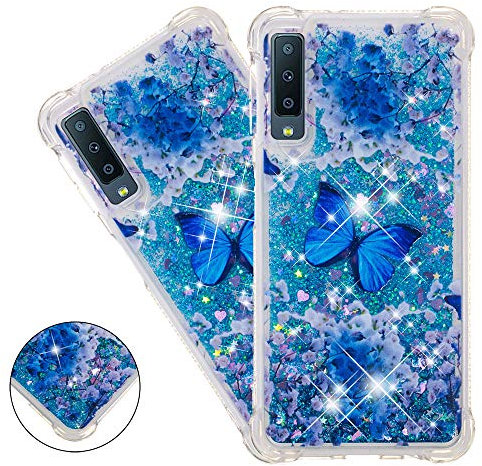 COTDINFOR Samsung Galaxy A7 2018 hülle Cute Glitzer Handyhülle Sparkle Bling Flüssigkeit Treibsand Schutzhülle Stoßfest Weich Silikon hülle für Samsung Galaxy A7 2018 / A750 Blue Butterfly YB.