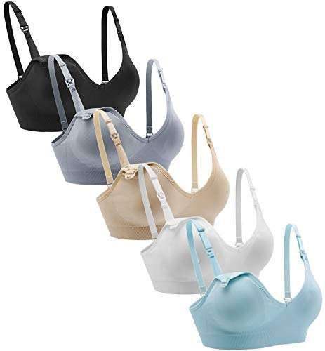 Suekaphin Lot de 5 soutiens-gorge d'allaitement sans fil avec col en V - Soutien-gorge d'allaitement - Coupe basse - Avec rallonges, Noir/Nude/Blanc/Gris/Bleu clair, Taille M