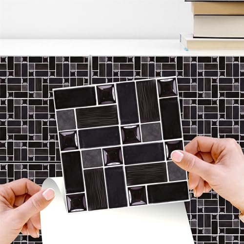 WALPLUS 120 Stück 15x15cm Glänzend Schwarzes Porzellan Mosaik Schwarz Wandfliesen Aufkleber Schälen und Kleben Backsplash Abziehbilder Startseite Dekore Aufkantung für Küche Badezimmer Kacheln Farbe