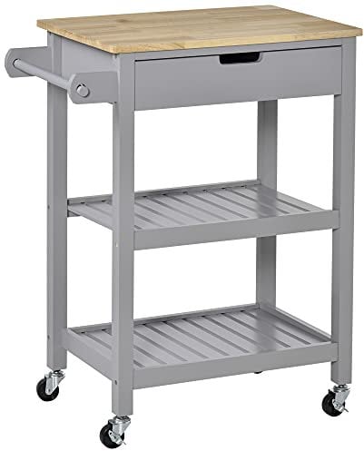 HOMCOM Kitchen Trolley Utility Cart on Wheels with Rubberwood Worktop, Towel Rack, Storage Shelves & Drawer for Dining Room, Grey