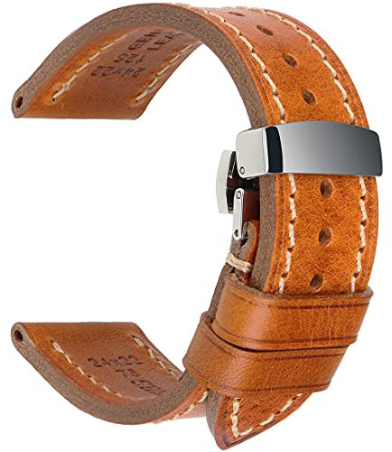 REZERO Handgefertigtes Echtleder-Uhrenarmband, Pflanzengegerbtes Leder, Ölgewachste Ersatzarmbänder 18mm 19mm 20mm 21mm 22mm 23mm 24mm 26mm für Herren, Damen