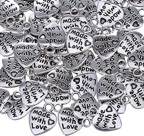 KAIAIWLUO Antique Silbern Herz Charm Made,100 Stück Anhänger Bastelbedarf Schmuck Basteln Tibetische Accessoires Made with Love Charm Legierung Liebe Antik Silber Günstig für DIY Handwerk Schmuck