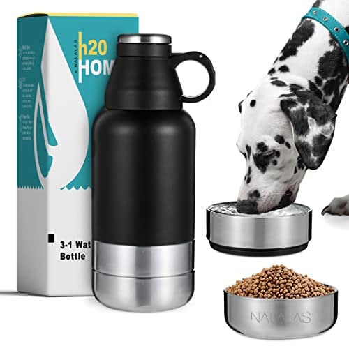 NALALAS 3 in 1 Portable Dog Water Bottle - Large 32oz Insulated With Travel Food Bowl - For Dogs On The Go