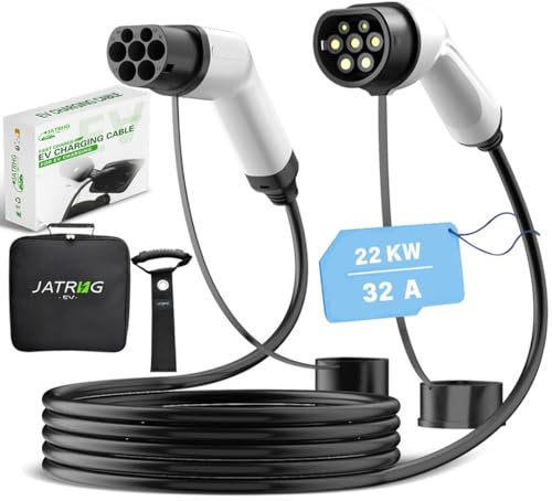 JATRHG Câble de Recharge EV 22KW 32Amp /Trois Phases/ 10 mètres/Véhicule électrique et Hybride Rechargeable de Type 2 à Type 2