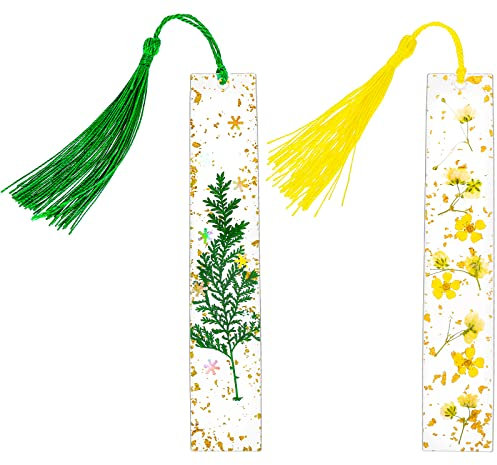 cobee Lesezeichen mit getrockneten Blumen, aus Harz, 2 Stück, handgefertigt, transparent, gepresst, Blumen-Seitenmarker, mit Quaste, schönes Lesezeichen für Frauen und Kinder (Grün+Gelb)