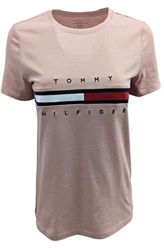 Tommy Hilfiger Maglietta da donna a maniche corte con logo, Fenicottero rosa., M