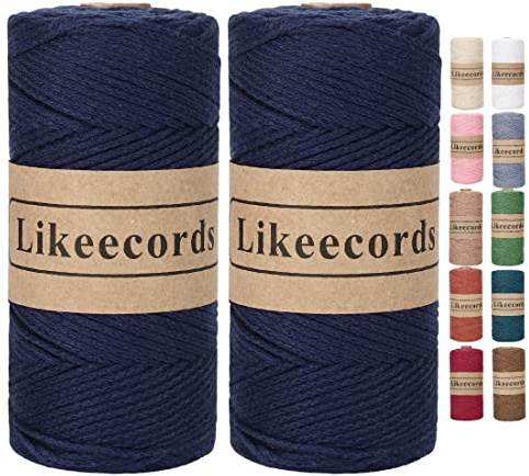 Likeecords 100% Baumwollseil, Häkelgarn, Taschenkordel 2 mm, 277 m, geflochtene Makramee-Schnur, Makramee-Seil, Häkelgarn, Geschenk für Stricker (Dunkelblau)