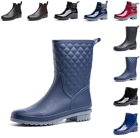 Hitmars Stivali Pioggia Donna Stivaletti Gomma Giardini Chelsea Bassi Lavoro Antiscivolo Ankle Boots Blu 40 EU