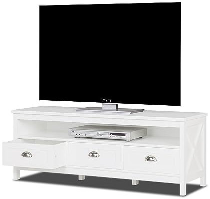 KHG TV-Lowboard Holz Weiß, Fernsehtisch, 3 Schubladen, 1 offene Ablage, Muschelgriffe, dekorative X-Streben, maritimer Landhausstil, 120x40x45 cm, Fernsehunterschrank, Fernsehboard