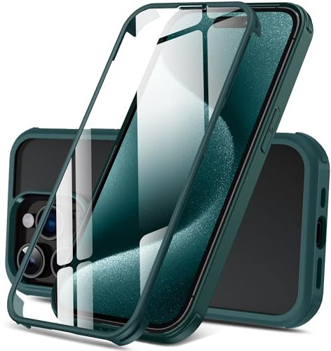 DOSNTO Doppelseitig Durchsichtig Hülle für iPhone 15 Pro Max (6.7''), 360 Grad Ganzkörper Stoßfeste Fallschutz Transparent Handyhülle Eingebauter Gehärtetem Glas Displayschutzfolie,Dunkelgrün
