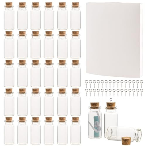 Svalor 30 Pièces Mini Bouteille, 10ml Petite Bouteille en Verre avec Bouchon, Mini Bouteilles avec Crochets à Vis Métal, pour DIY, Fête Décoration