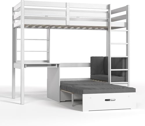 Flair Furnishings Noomi - High Sleeper Bed for Kids with Sofa Bed, Desk, and Storage - Heavy Duty, Space Saving (White with Pink Cushions)