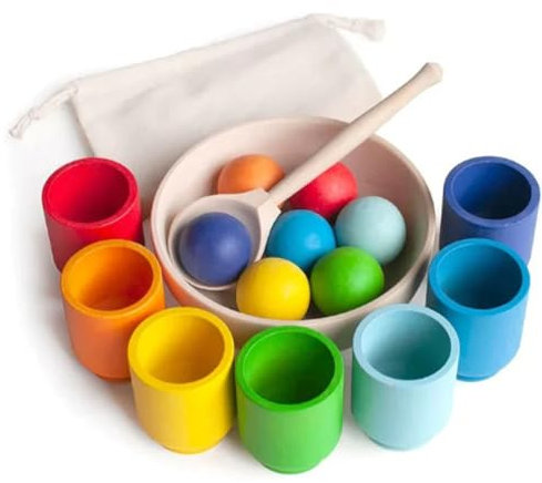 PKKP Montessori Spielzeug ab 1 Jahr, Holz Sortier Stapelspielzeug, 7 Kugeln 30 mm Regenbogen Holzkugeln in Tassen, Baby Spielzeug für Vorschule für Farbsortierung und Zählen, Geschenk ab 2 3 4 5 Jahr