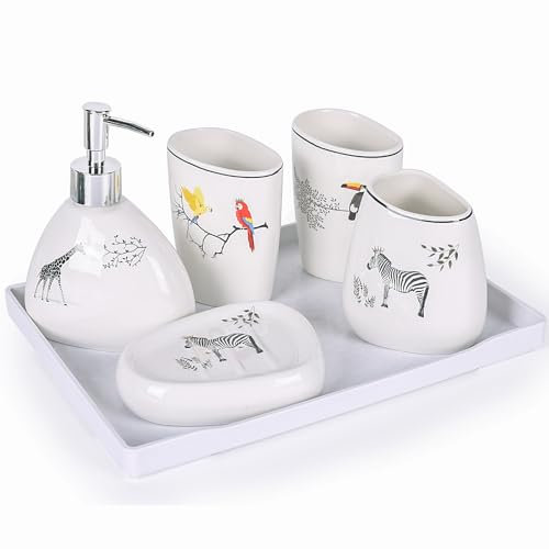 XYQXYQ Elegantes 6-teiliges Keramik-Badezimmer-Set ausgestattet mit Lotionspender Mundspülbecher Make-up-Teller Seifenteller Zahnbürstenhalter und Tablett modernes Badezimmer-Dekorationsset Tier