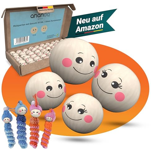 Ananda Goods Holzperlen mit Gesicht 30mm – Holzkugeln mit Gesicht [Weibliche & Männliche] Perlen zum Auffädeln für Sorgenwürmchen, Glückswürmchen, DIY Schlüsselanhänger & Glücksbringer (30 Stück)