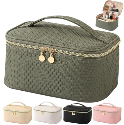 Bestash Kulturtasche Damen,Wasserdichter Reise Kosmetiktasche,PU Leder Make Up Tasche,Schminktasche Groß Mit BüRstenfach,Kulturbeutel Organizer Tragbare Make Up Bag (Matcha-Grün)