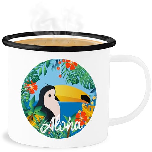 Emaille Becher Blechbecher - Karneval & Fasching Tassen - Aloha Tukan - Hawaii Aloha Party Hawaiian Hawaii-Kleidung Karibik - 300 ml - Weiß Schwarz - fasching- tasse carnevale karnevals faschings