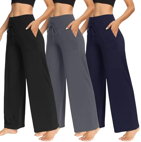 TNNZEET 3 Pack Women's Wide Leg Pants with Pockets - Casual Loose Yoga Trouser Pants Sweatpants Palazzo Lounge Pajama Pants