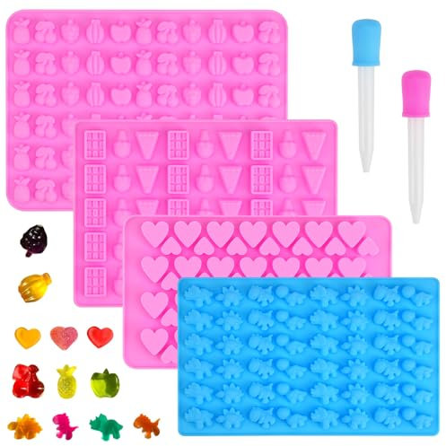 BUZIFU 4 Piezas Moldes para Gominolas Moldes de Silicona para Caramelos y Chocolates Molde de Silicona en Forma de Corazón/Helado/Frutas y Dinosaurios con 2 Cuentagotas para Bombones y Chuches