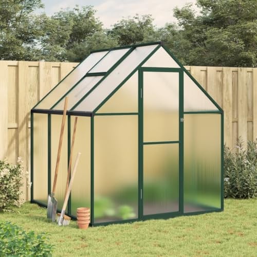 IKAYAA Gewächshaus Aluminium mit Fundament Gartenhaus Winterfest Gewächshaus Glas Glashaus Garten Tomatenhaus Frühbeet und Pflanzenhaus 169 x 169 x 195 cm Grün und transparent