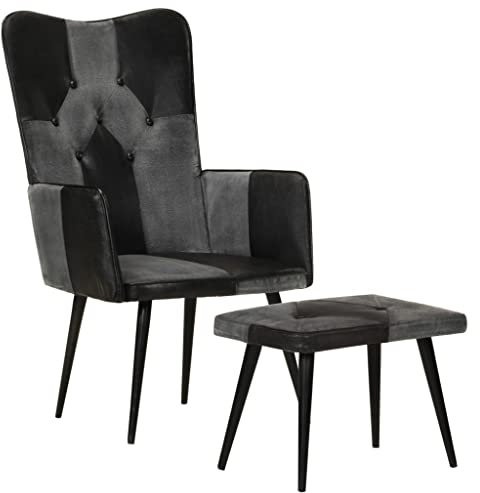 CINDERFUL Sessel mit Hocker Schwarz Echtleder und Canvas,Komfortabler Leder Sessel mit Hocker für Wohnzimmer, Schlafzimmer und Lounge Möbel Wohnzimmer