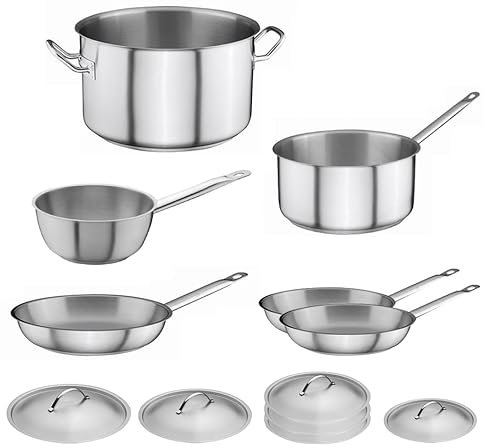 Batterie de Cuisine Professionnelle, Set de 12 pièces - Casseroles et Couvercles Inox