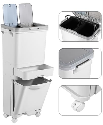 ISOISL Cubo de basura de cocina con 3 compartimentos, 42 L, para cocina en seco y húmedo, con tapa, con tapa sobre ruedas, para cocina, apartamento, oficina, color blanco