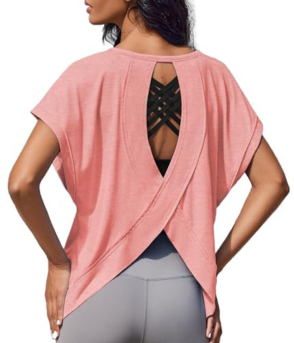 Weardear Sportshirt Damen Kurzarm Funktionsshirt Rückenfreies Laufshirt Loose Fit Sport Tshirt Atmungsaktiv Kurzarmshirt Gym Yoga Workout Fitness Oberteil Lang Sommer Rosa L