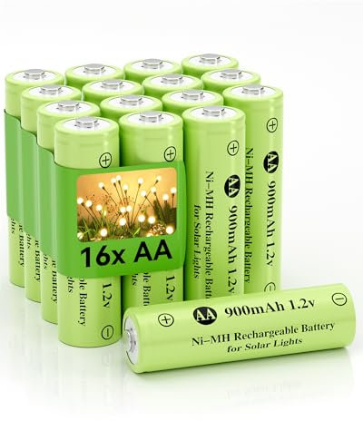 Howardly Piles rechargeables Ni-MH AA 1,2 V 900 mAh, double A 900 mAh 1,2 V pré-chargée, haute capacité pour lampes solaires d'extérieur, lampes de pelouse, éclairage de marche (AA-900 mAh-16pack)
