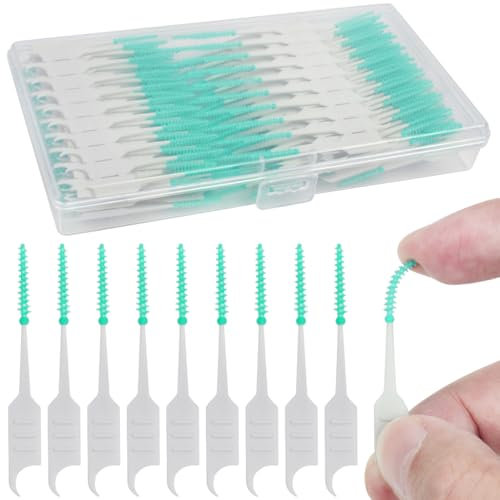 JCF 300 Pieces Interdental Brushes, Silicone Dental Floss Sticks, Dual-Use Dental Brushes Tooth Gap Brushes Portable Tooth Floss Picks for Braces Oral Cleaning-Green