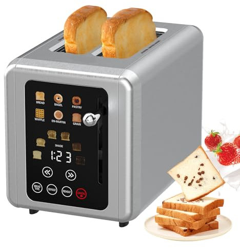 2-Slices Smart Toaster witn Touchscreen, Stainless Steel Toaster with Sound Function and Digital Timer, 6 Bread Types and 6 Shade Settings