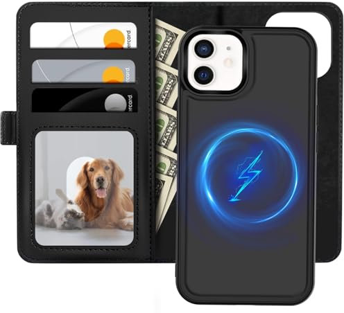Leather Wallet Case for iPhone 11, Magnetic Compatible with MagSafe, 2-in-1 Removable Mobile Phone Case, Flip Case, Wireless Charging, Card Slot, Stand, Folding Case, Black