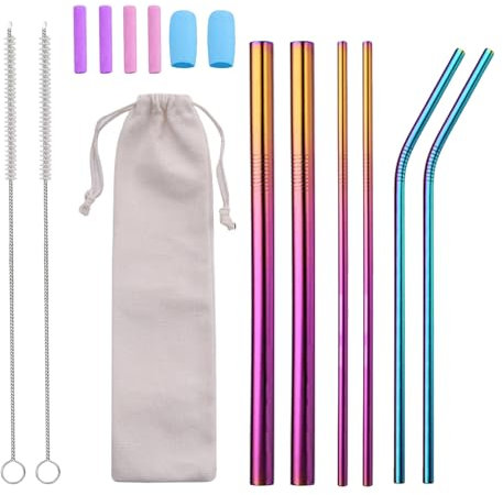 15 Pcs Reusable Metal Straws,Stainless Steel Drinking Straws, Coloured Eco Friendly Straws with Silicone Tips,Cleaning Brush,Pouch