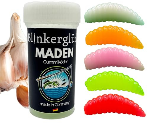Blinkerglück Kunstmaden 4 cm – 12 Gummiköder mit Aroma für Forelle & Friedfisch | weiche Kunstmade für Karpfen & Brassen | Softbait zum Grundangeln & UL-Angeln