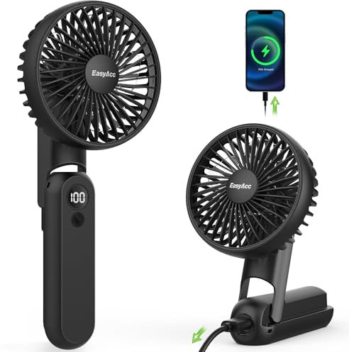 EasyAcc Handheld Fan, Portable Fan Digital Display & 5 Speeds Desk Fan with lanyard 180°Foldable USB C Rechargeable 2.5-18hrs Mini Hand Held for Outdoor Travel Makeup Office - Black