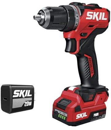 SKIL 12V Brushless Cordless 1/2-Inch Compact Drill Driver Kit Including 2.0Ah USB-C Battery and 20W Charger - DL6290A-11