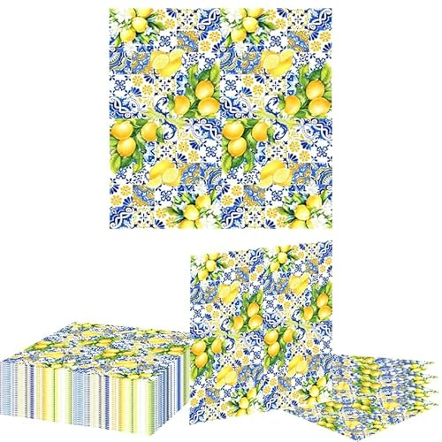 40 Pack Lemon Paper Napkins - Yellow Blue Decorative Napkins for Party Supplies & Table Decoration, Napkins Disposable Party