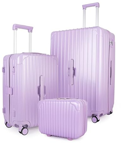 JLY Lightweight 3-Piece Luggage Set: Cabin, Medium & Large Suitcases with TSA Lock, Cupholder, Wet/Dry Divider, Durable PC+ABS Hard Shell (Mauve Lilac, 3 Pcs: Vanity + S + L)
