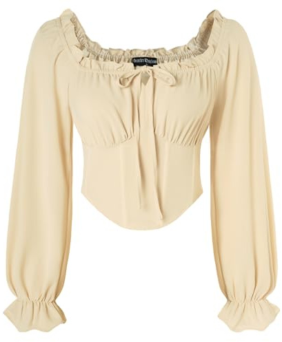 SCARLET DARKNESS Women's Medieval Crop Top Long Sleeve Corset Tops Square Collar Elastic Waist Pirate Shirt