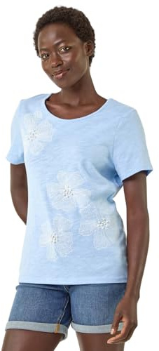 Roman Originals T-Shirt for Women UK - Ladies Tee Shirt Summer Top Holiday Day Causal Short Sleeve Blouses Round Crew Boat Neck Lightweight - Blue Floral - Size 20
