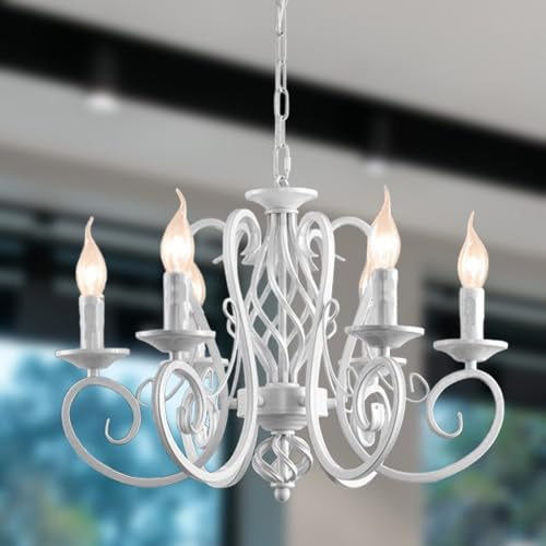 Riohan Kronleuchter Vintage, Kronleuchter im Traditionellen Landhausstil Weiß Kerze Schmiedeeisen, 6 Lichter Deckenlampe Pendelleuchte Deckenleuchte Hanging für Wohnzimmer Schlafzimmer